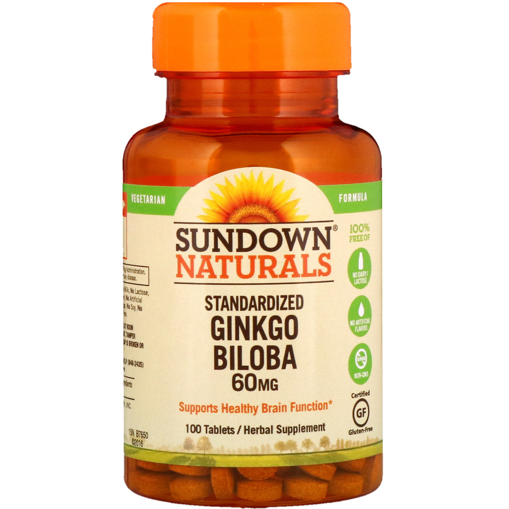 Sundown Naturals, Ginkgo Biloba standardizat, 60 mg, 100 tablete