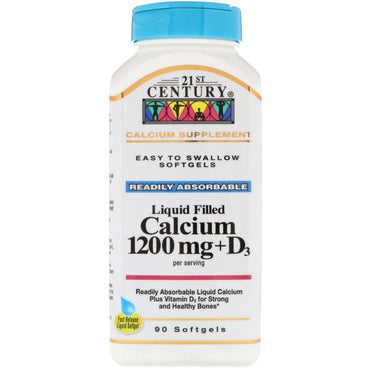 21 世紀、液体充填カルシウム 1200 mg + D3、90 ソフトジェル