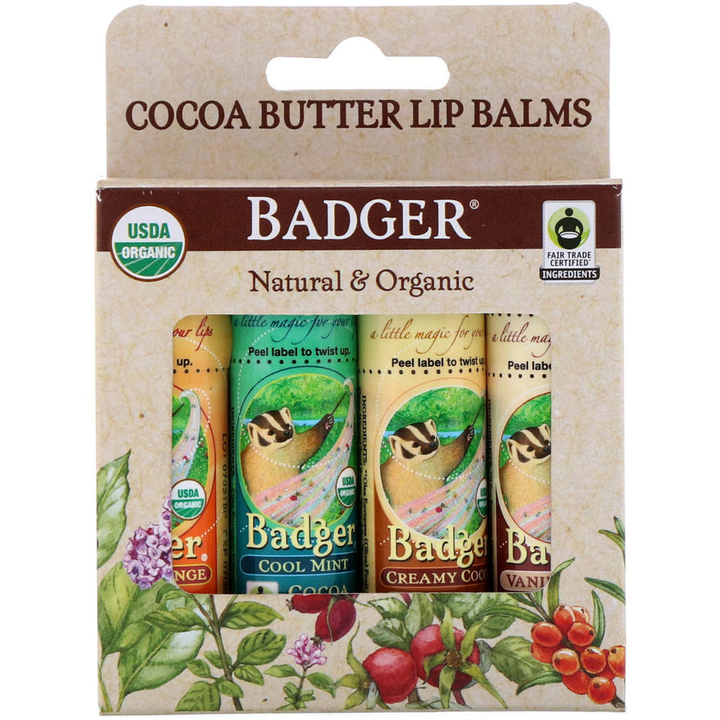 Badger Company Zestaw balsamów do ust z masłem kakaowym, 4 opakowania po 7 g (0,25 uncji) każdy