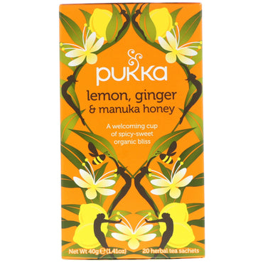 Pukka Herbs, Té de limón, jengibre y miel de Manuka, sin cafeína, 20 sobres de té de hierbas, 40 g (1,41 oz)