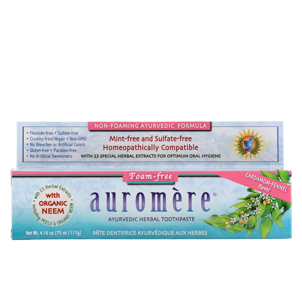 Auromere, pastă de dinți ayurvedică pe bază de plante, fără spumă, aromă de cardamom și fenicul, 4,16 oz (117 g)