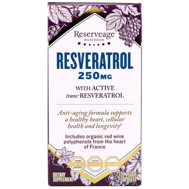 ReserveAge Nutrition, Resveratrol, con trans-resveratrol activo, 250 mg, 120 cápsulas vegetales