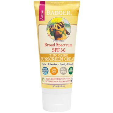 Badger Company, Zinc Oxide Sunscreen Cream, SPF 30, Unscented, 2.9 fl oz (87 ml)