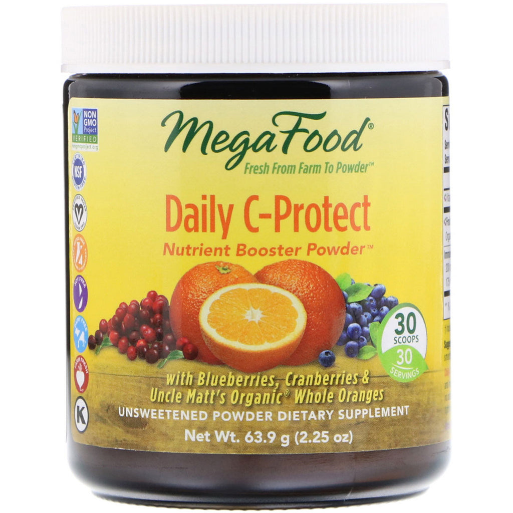 MegaFood, אבקת חיזוק תזונתיים יומית של C-Protect, לא ממותקת, 2.25 אונקיות (63.9 גרם)