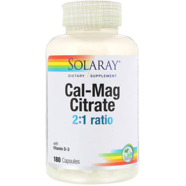 Solaray, Cal-Mag Citrate, 2:1 forhold med vitamin D-3, 180 kapsler