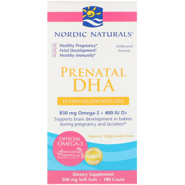 Nordic Naturals, DHA prenatal, gelatina de pescado, sin sabor, 500 mg, 180 cápsulas blandas