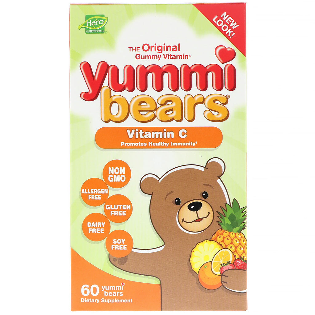 Hero ernæringsprodukter, yummi-bjørne, c-vitamin, alle naturlige frugtsmag, 60 yummi-bjørne