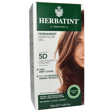Herbatint, permanente haarkleurgel, 5D, lichtgouden kastanje, 4.56 fl oz (135 ml)