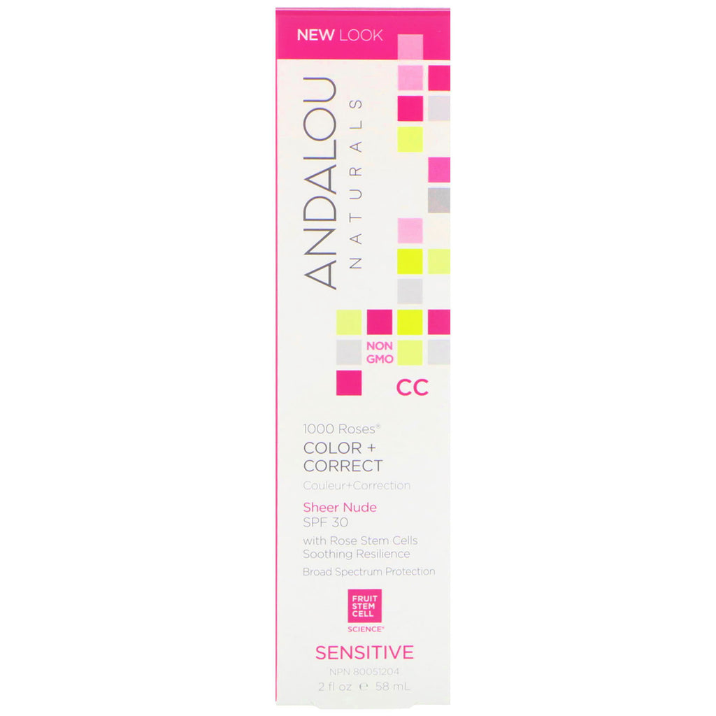 Andalou Naturals, CC 1000 Trandafiri, Color + Correct, Sheer Nude SPF 30, Sensitive, 2 fl oz (58 ml)