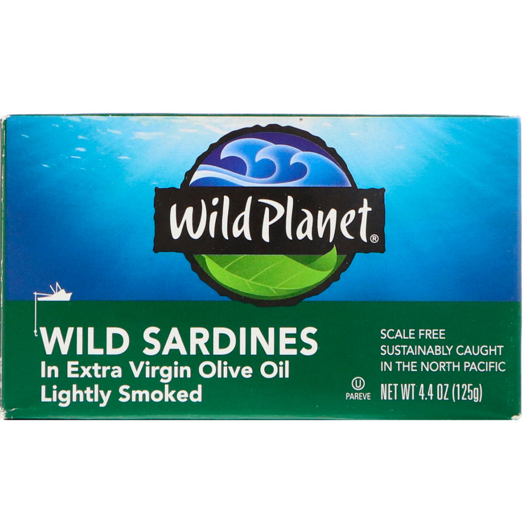 Wild Planet, vilde sardiner i ekstra jomfru olivenolie, let røget, 4,4 oz (125 g)