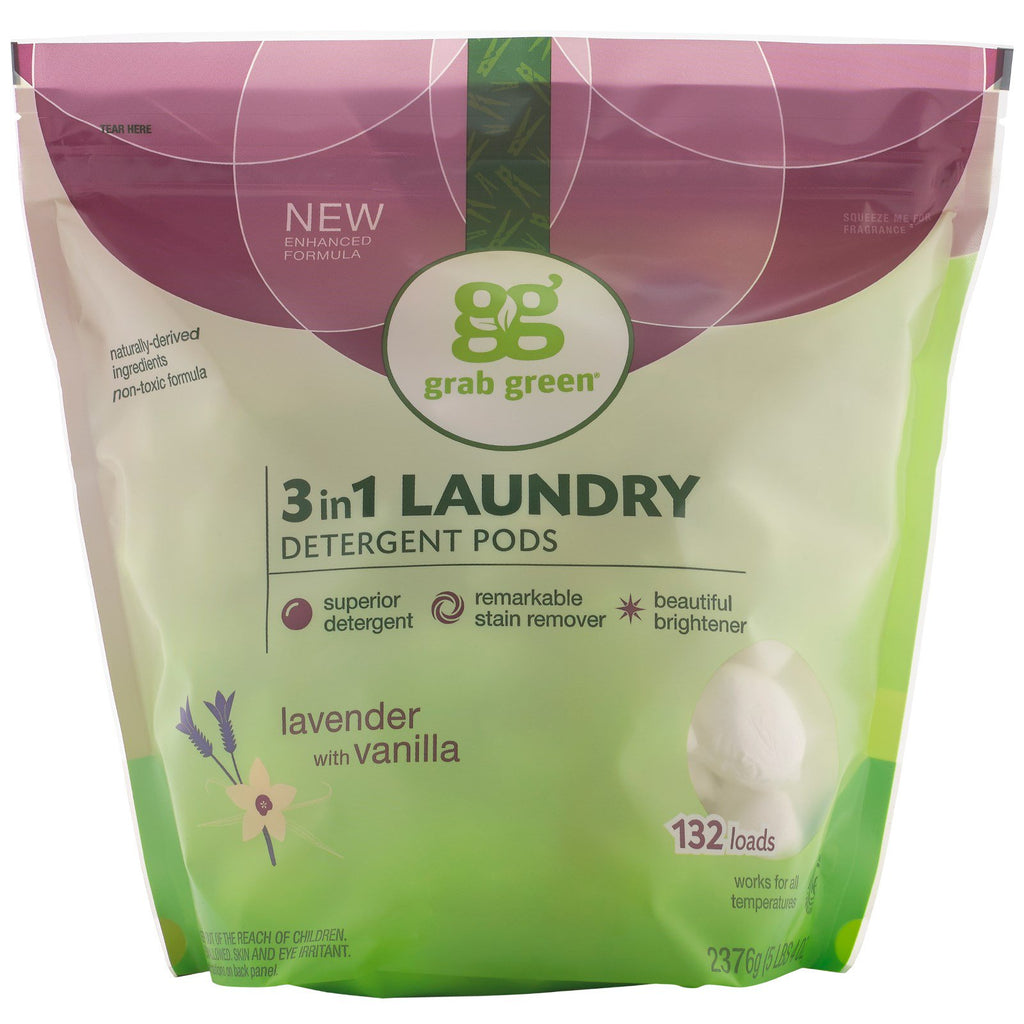 GrabGreen, 3-in-1 Laundry Detergent Pods, Lavender,132 Loads, 5lbs, 4oz (2,376 g)