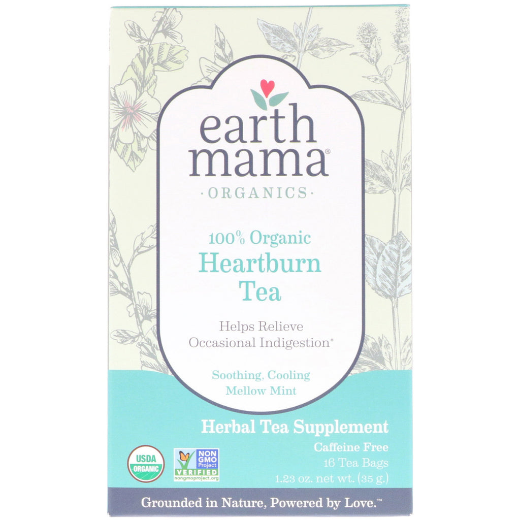Earth Mama, s, Chá 100% para Azia, Calmante, Refrescante e Mellow Mint, Sem Cafeína, 16 Saquinhos de Chá, 35 g (1,23 oz)