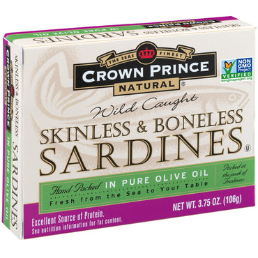 Sardines naturelles, sans peau et désossées Crown Prince, dans de l'huile d'olive pure, 3,75 oz (106 g)