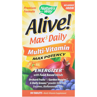 자연의 길, 살아있습니다! Max3 Daily, 종합 비타민, 철분 첨가 없음, 90정