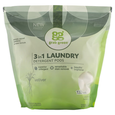 GrabGreen, cápsulas de detergente para ropa 3 en 1, vetiver, 132 cargas, 5 libras, 4 oz (2376 g)