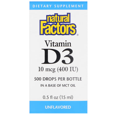 Natural Factors, Gotas de vitamina D3, sin sabor, 400 UI, 0,5 fl oz (15 ml)