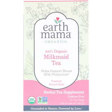 Earth Mama, s、100% ミルクメイド ティー、香り高いフェンネル ハーブ、カフェインフリー、ティーバッグ 16 個、1.23 オンス (35 g)