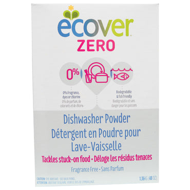 Ecover, Zero opvaskemaskinepulver, parfumefri, 48 oz (1,36 kg)