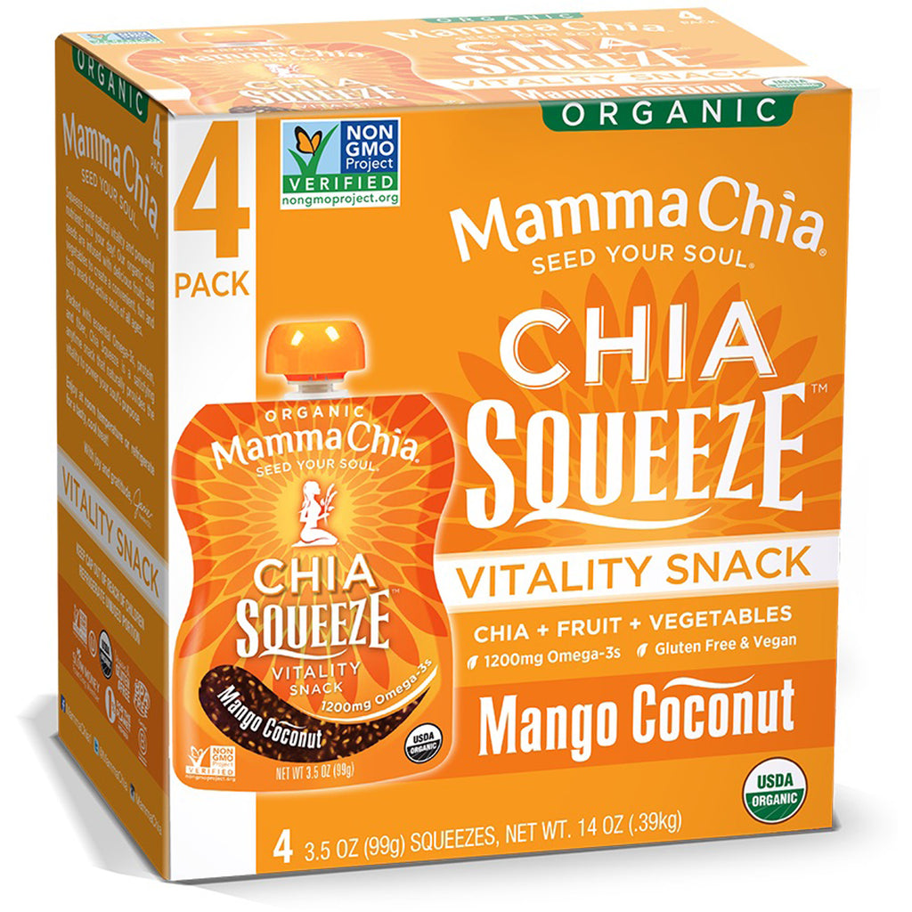 Mamma Chia, Chia Squeeze, Vitality Snack, Mango Coconut, 4 Squeeze, 3,5 once (99 g) Ciascuno