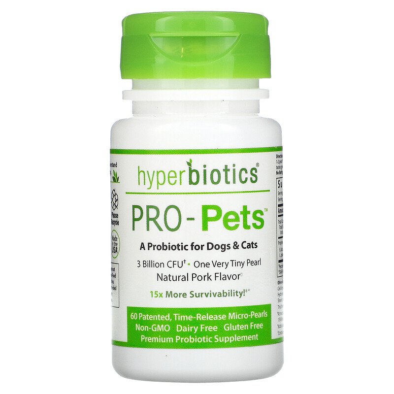 Hyperbiotika, pro-kæledyr, probiotika til hunde og katte, naturligt svinekød, 3 milliarder cfu, 60 patenterede mikroperler med tidsfrigivelse