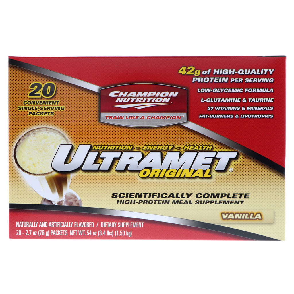 Champion Nutrition, Ultramet Original, eiwitrijk maaltijdsupplement, vanille, 20 pakjes, elk 2,7 oz (76 g)