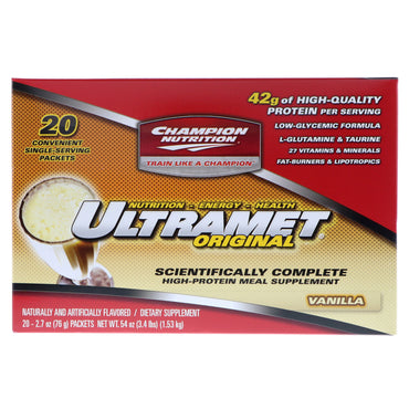 Champion Nutrition, Ultramet Original, suplemento alimenticio rico en proteínas, vainilla, 20 paquetes, 2,7 oz (76 g) cada uno