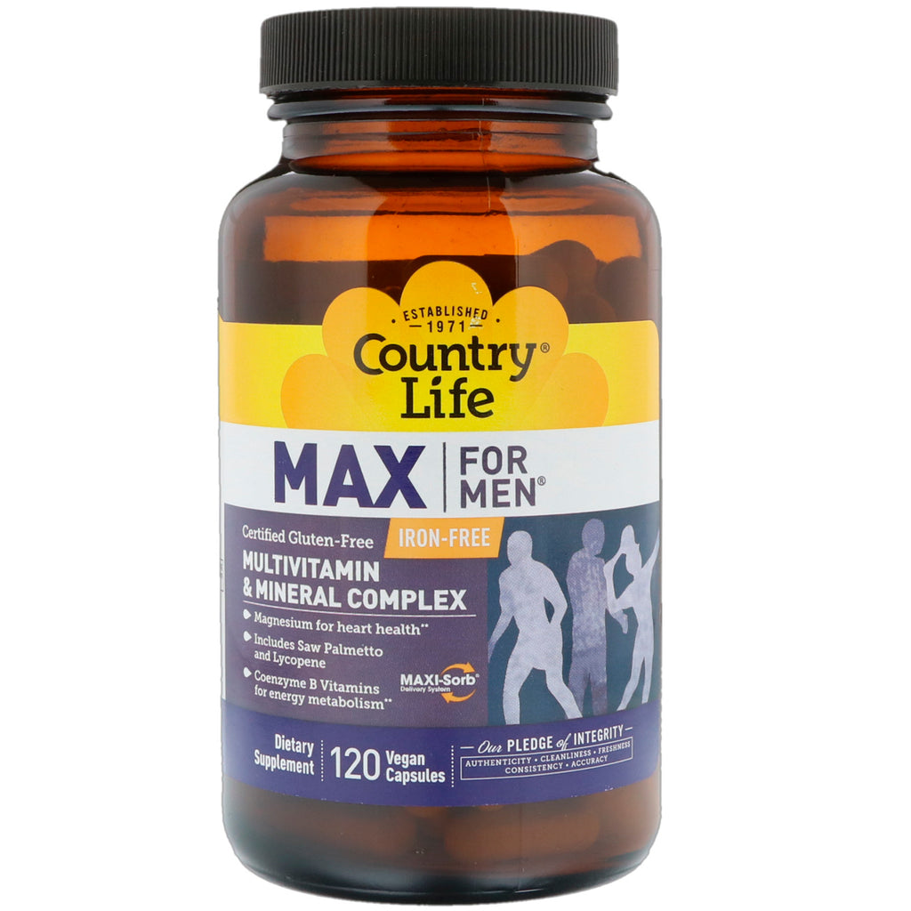 Country Life, Max for Men, Multivitamine- en mineralencomplex, ijzervrij, 120 veganistische capsules