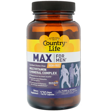 Country Life, Max for Men, complejo multivitamínico y mineral, sin hierro, 120 cápsulas veganas