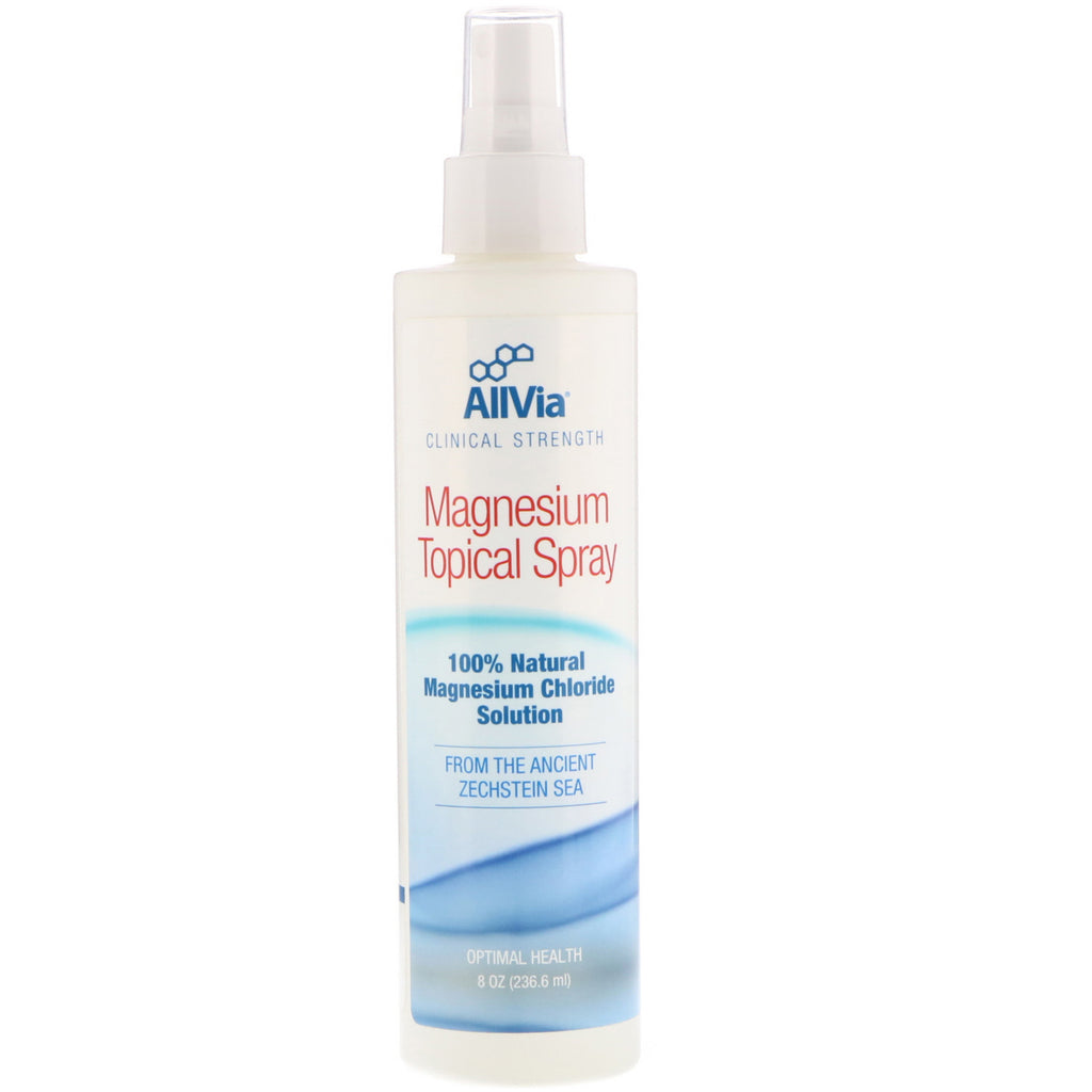 AllVia, Magnesium Topical Spray, 100 % naturlig magnesiumkloridløsning, uparfymert, 8 oz (236,6 ml)
