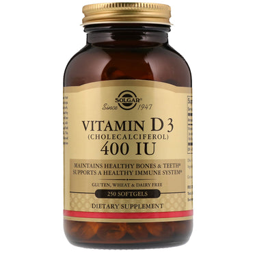 Solgar, vitamina d3 (colecalciferol), 400 UI, 250 cápsulas moles