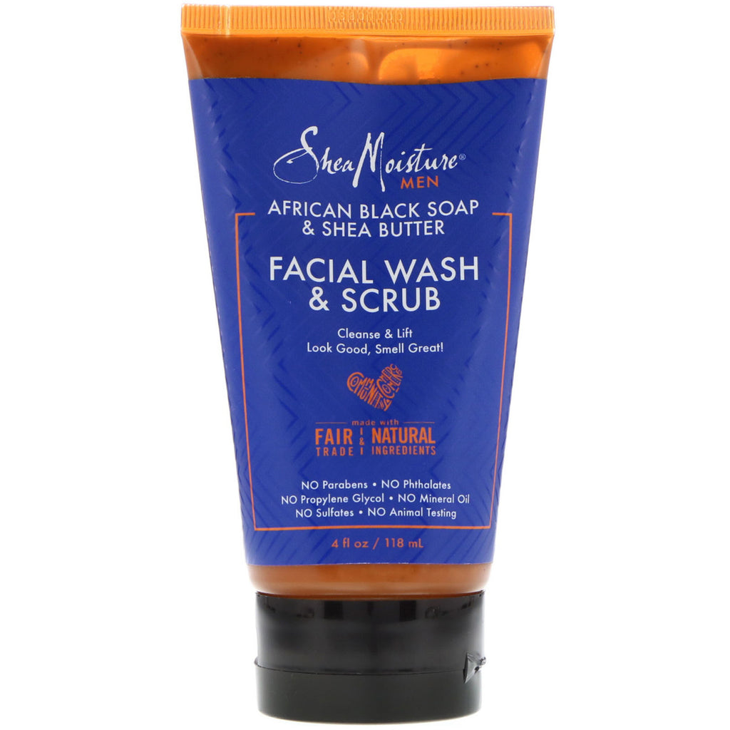Shea fuktighet, menn, afrikansk svart såpe og sheasmør, ansiktsvask og -skrubb, 4 fl oz (118 ml)