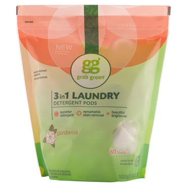GrabGreen, 3-in-1 洗濯洗剤ポッド、クチナシ、60 回分、2ポンド、6オンス (1,080 g)