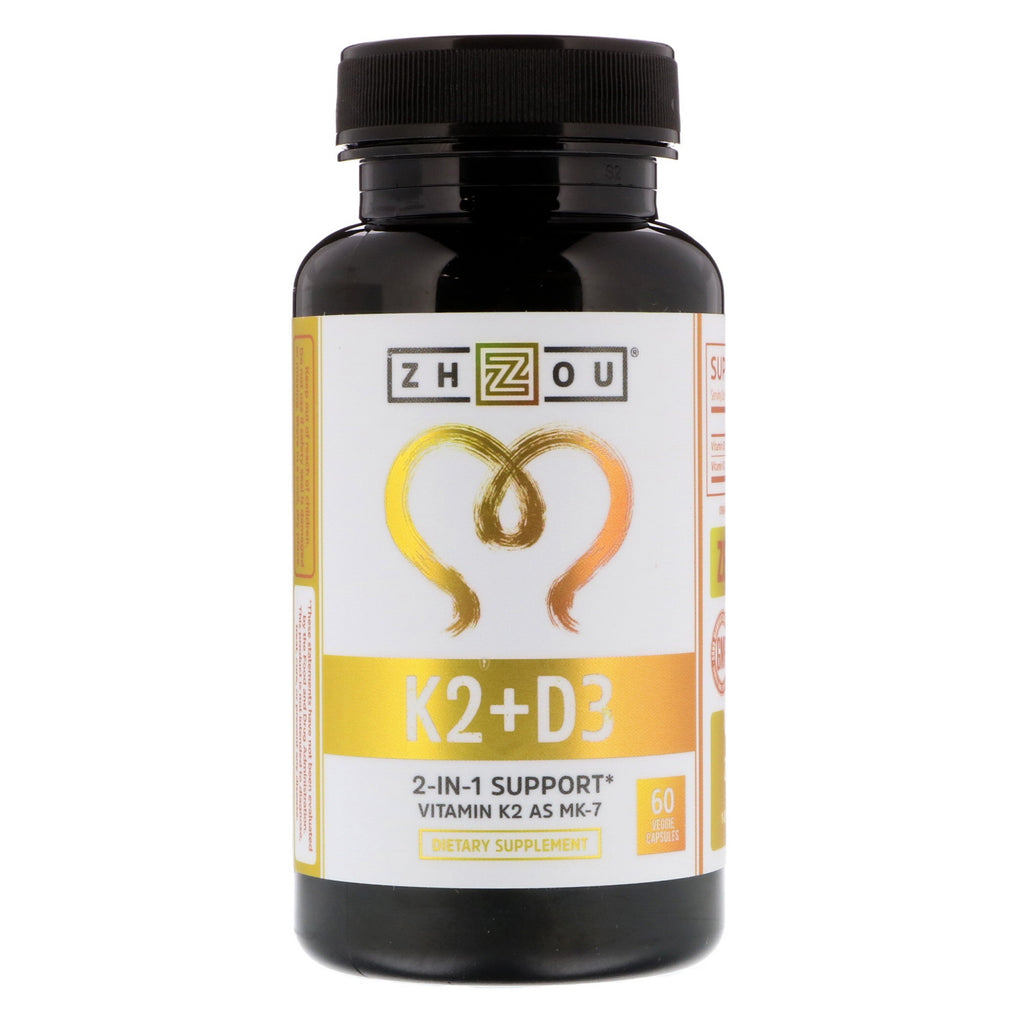 Zhou nutrition, k2 + d3, 2-i-1 stöd, 60 vegetabiliska kapslar