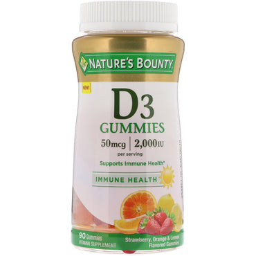 Nature's Bounty, Vitamine D3 Gummies, Aardbeien-, Sinaasappel- en Citroensmaak, 50 mcg (2.000 IE), 90 Gummies