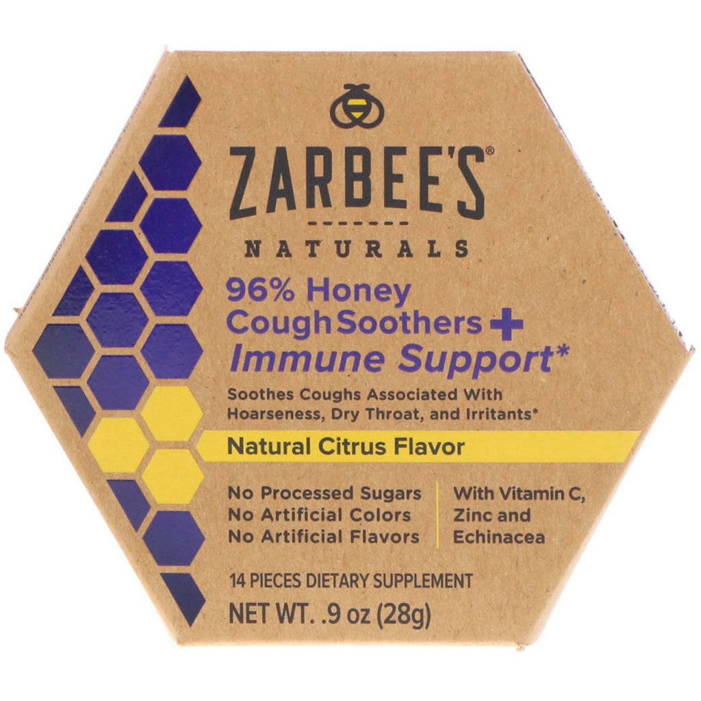 Chupetas para tosse com 96% de mel Zarbee's + suporte imunológico sabor cítrico natural 14 peças
