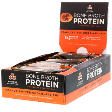 Dr. Axe/Ancient Nutrition Barra de proteína de caldo de huesos Mantequilla de maní con chispas de chocolate 12 barras 1,94 oz (55 g) cada una