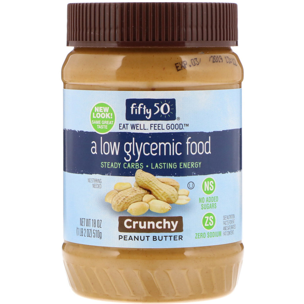 Fifty 50, Manteiga de amendoim com baixo índice glicêmico, crocante, 510 g (18 onças)