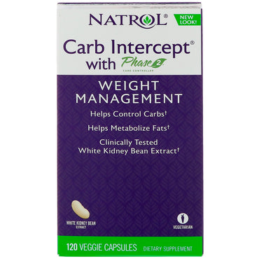 Natrol, Carb Intercept مع وحدة التحكم في الكربوهيدرات للمرحلة الثانية، 120 كبسولة نباتية