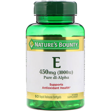 Nature's Bounty, vitamina E, Dl-alfa pura, 450 mg (1000 UI), 60 cápsulas blandas de liberación rápida