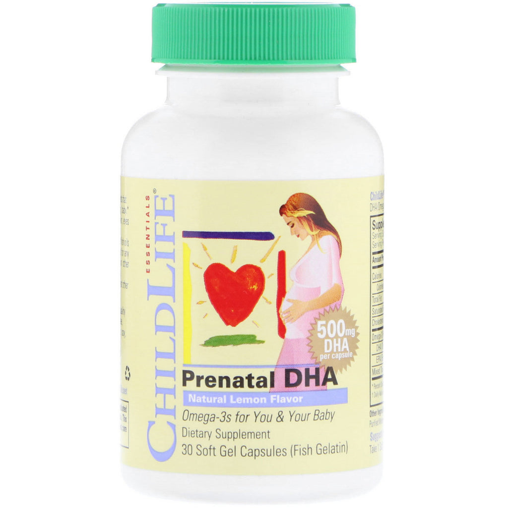 ChildLife, DHA prenatal, aromă naturală de lămâie, 500 mg, 30 capsule de gel moale