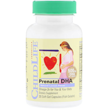 ChildLife, DHA pré-natal, sabor natural de limão, 500 mg, 30 cápsulas de gel mole