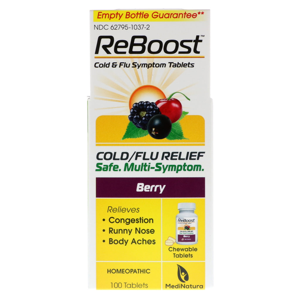MediNatura, ReBoost, alivio del resfriado/gripe, baya, 100 tabletas masticables