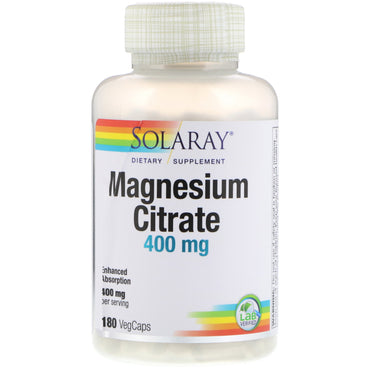 Solaray, cytrynian magnezu, 400 mg, 180 kapsułek warzywnych