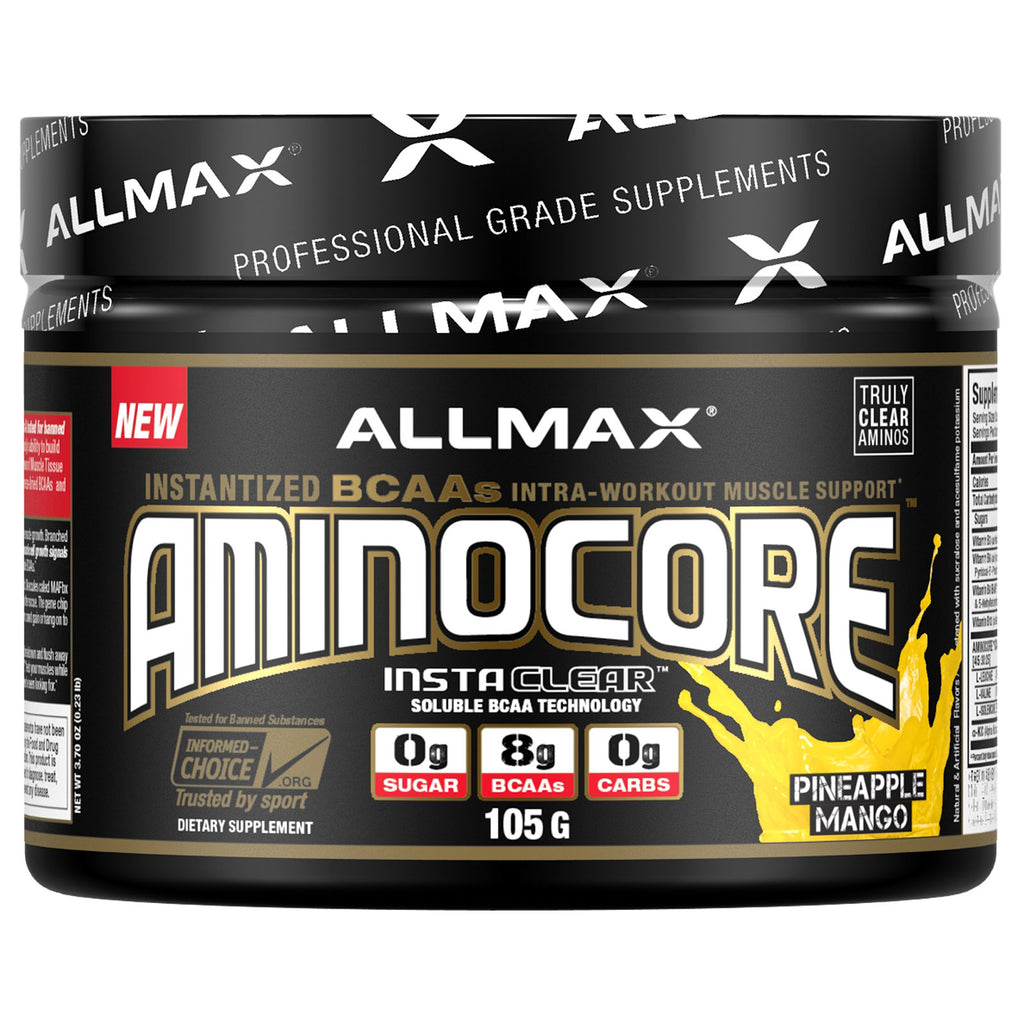 ALLMAX Nutrition, AMINOCORE, BCAA, 8G BCAA, 100 % ren 45:30:25, glutenfri, ananasmango, 3,70 oz (105 g)