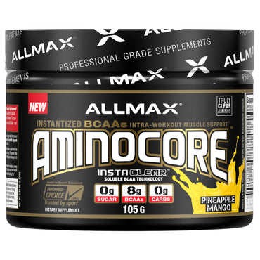 ALLMAX Nutrition, AMINOCORE, BCAA, 8 g de BCAA, 100 % puro, proporción 45:30:25, sin gluten, mango de piña, 3,70 oz (105 g)