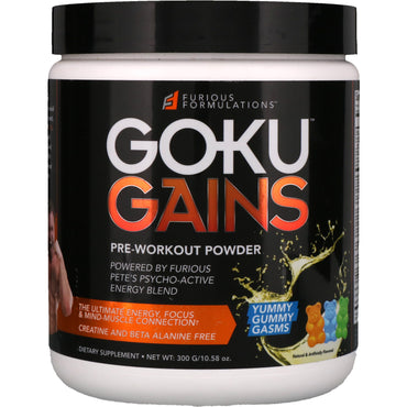 FURIOUS FORMULACIONES, Polvo pre-entrenamiento Goku Gains, Yummy Gummy Gasms, 10,58 oz (300 g)