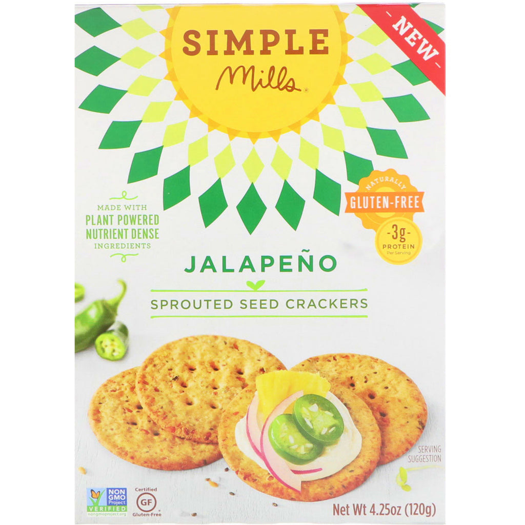 Simple Mills, Sprouted Seed Crackers, Jalapeno, 4,25 oz (120 g)