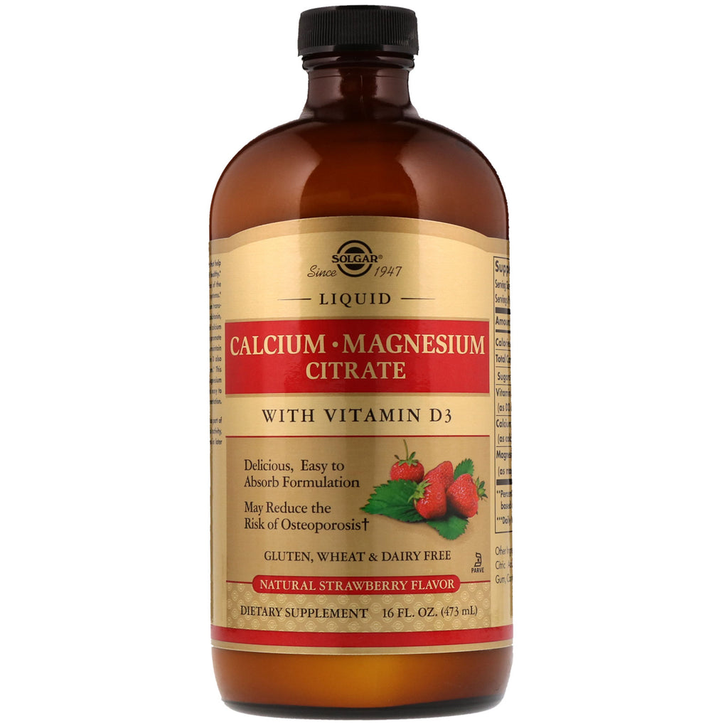 Solgar, calciummagnesiumcitrat, med vitamin D3, flydende, naturlig jordbærsmag, 16 fl oz (473 ml)