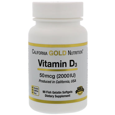 California Gold Nutrition, Vitamina D-3, 50 mcg (2000 UI), 90 capsule moi de gelatină de pește