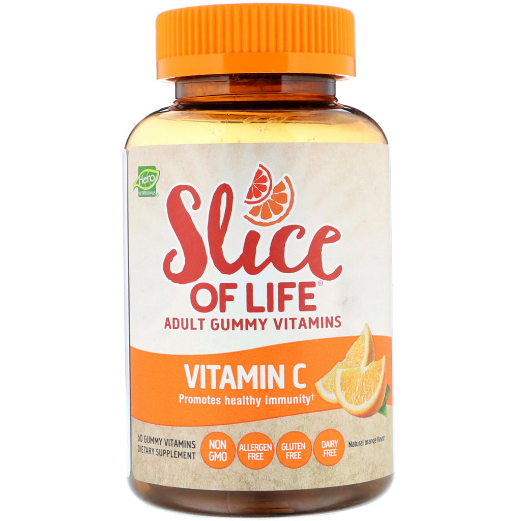 Hero Ernæringsprodukter, Slice of Life, Adult Gummy Vitamins, Vitamin C, Natural Appelsinsmag, 60 Gummy Vitamins